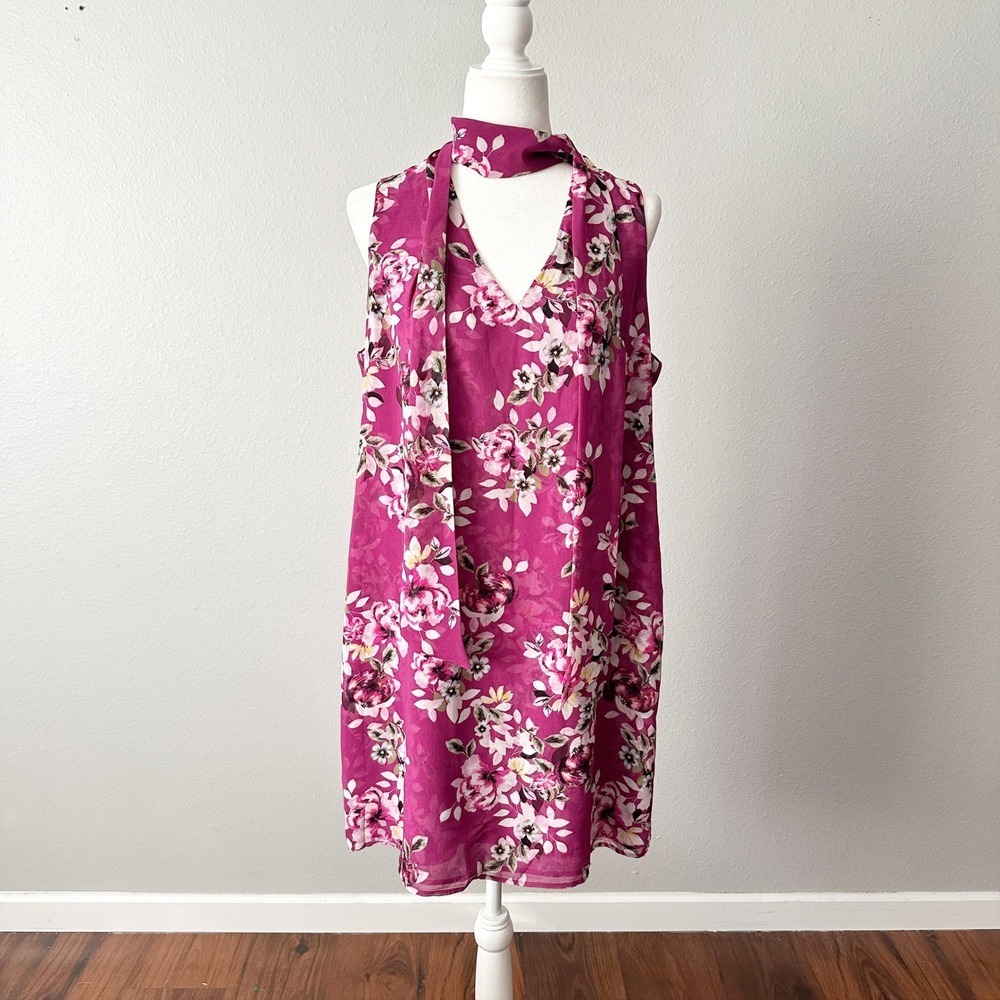 WHBM Scarf Tie V-Neck Sleeveless Floral Magenta Pink Shift Dress Womens Size 12